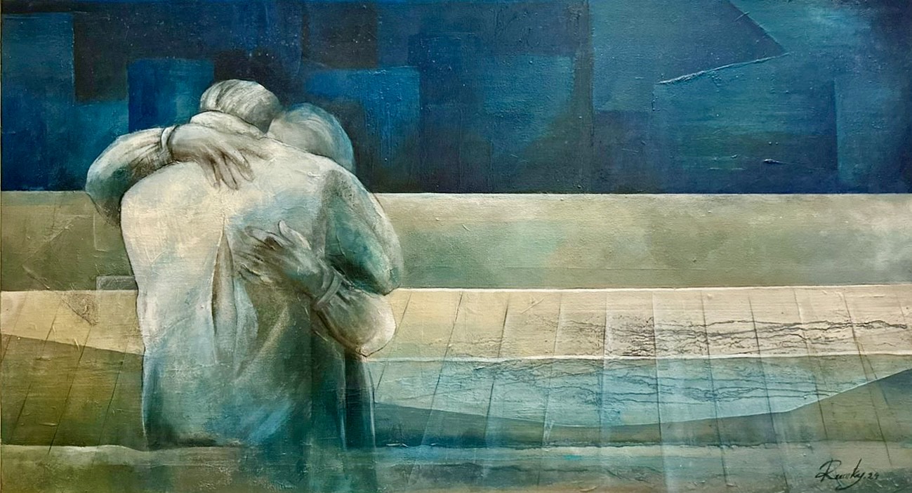 Hasura Akther Rumky artwork showing figures in turquoise tones