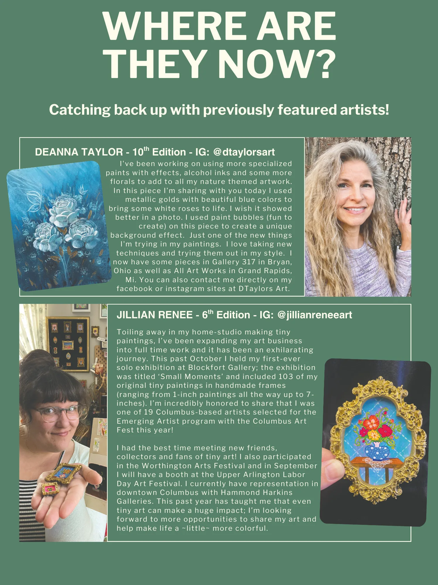 A smiling woman with long, wavy blonde hair, standing next to a tree trunk.