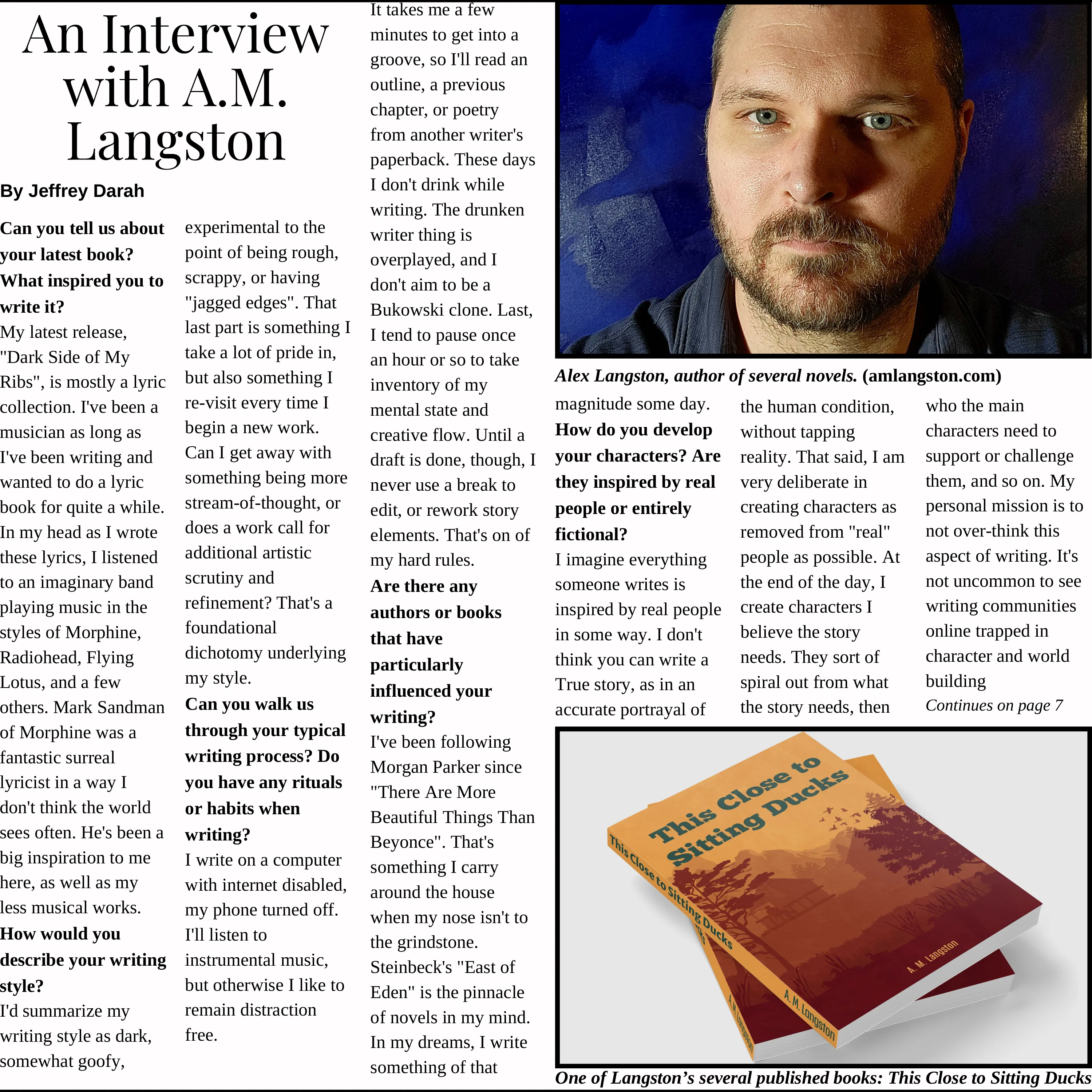 Two book covers stacked on top of each other. The top cover is titled "This Close to Sitting Ducks" and features an illustration of a landscape with trees, water, and birds. The author's name, A. M. Langston, is visible on the spine of the top book.